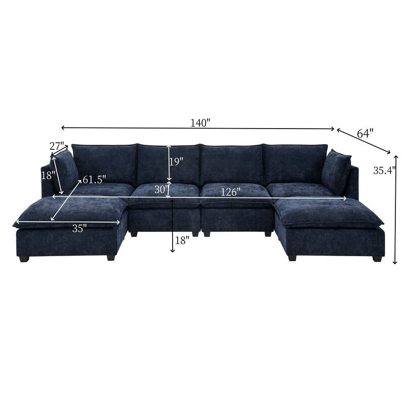Symmetrical U-shaped Chaise Sectional Sofa with 4 Deep Seat Couch and 2 Ottomans, Double Layer Seat Cushions Chenille Sofa