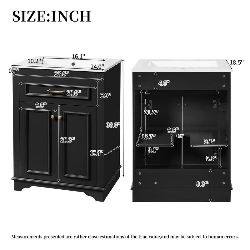 24" Bathroom Vanity with Integrated Ceramic Sink, Bathroom Cabinet with 2 Doors