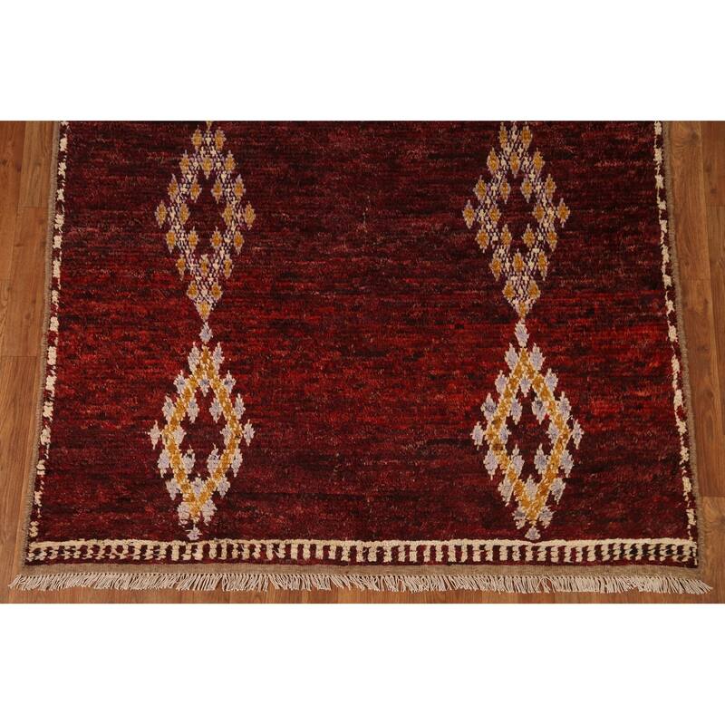 Hand Knotted Oriental 100% Wool Carpet Modern Tribal Red Moroccan Area Rug - 8' 3'' X 5' 3''