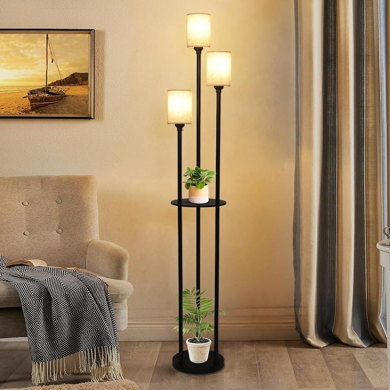Floor Lamp with Shelves, 3-Lights Standing Lamp with Linen Shade and Foot Switch - 10.2"(L)x10.2"(W)x66.1"(H) - Black