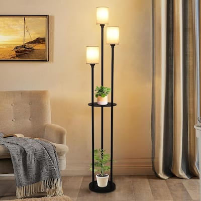 Floor Lamp with Shelves, 3-Lights Standing Lamp with Linen Shade and Foot Switch - 10.2"(L)x10.2"(W)x66.1"(H)