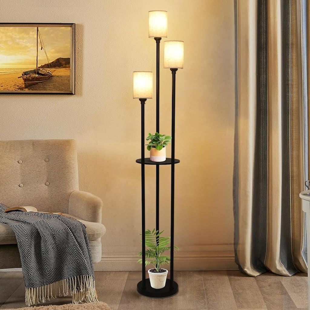 Floor Lamp with Shelves, 3-Lights Standing Lamp with Linen Shade and Foot Switch - 10.2"(L)x10.2"(W)x66.1"(H)