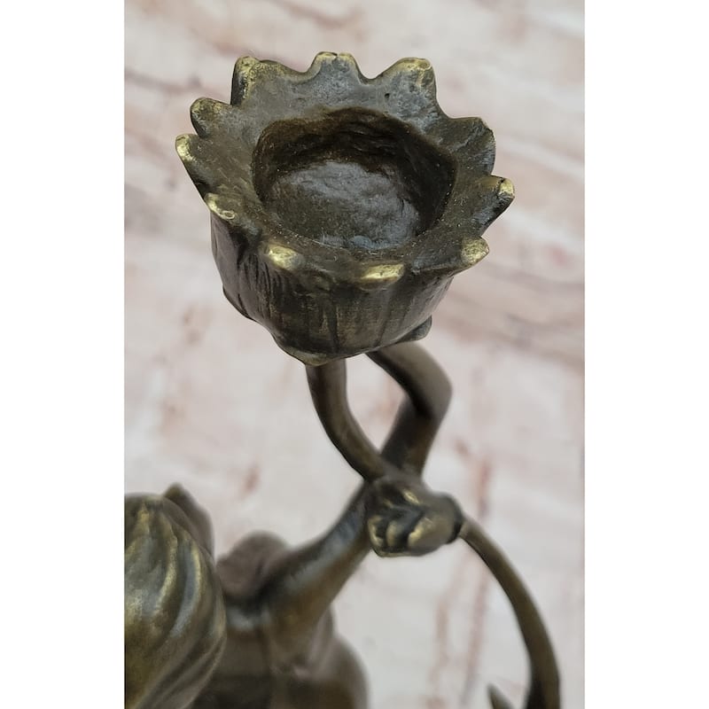 Art Nouveau Bronze Candle Holder Sculpture – Elegant Woman With Flowing Dress On Marble Base