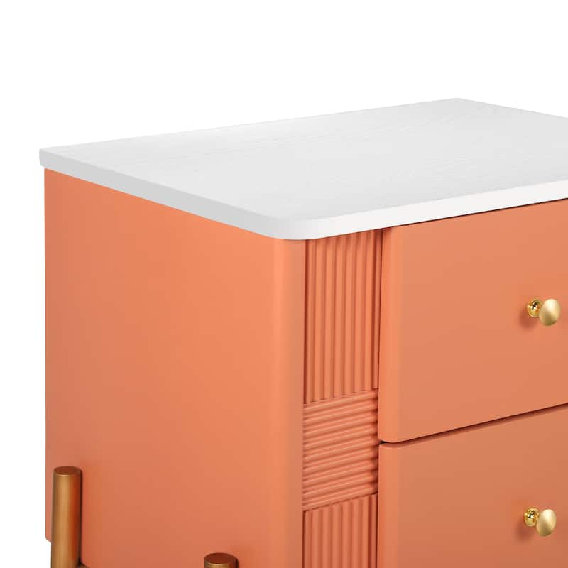 Modern Nightstand with 2 Storage Drawer, Fluted Bedside Table with Golden Metal Handles and Legs