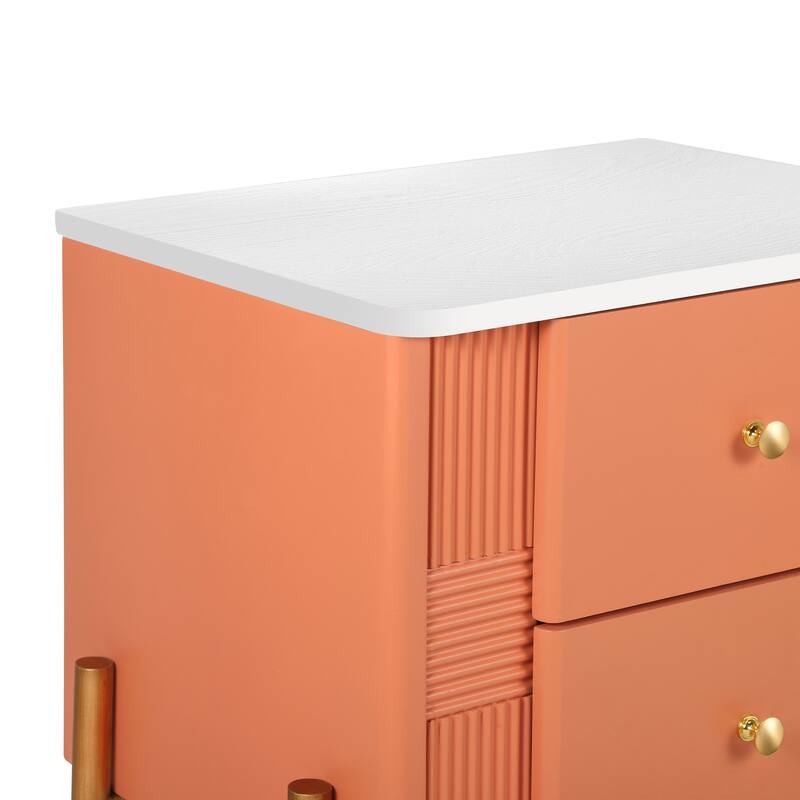 Roomfitters Modern Nightstand with 2 Storage Drawers, Fluted Bedside Table with Gold Metal Handles and Legs