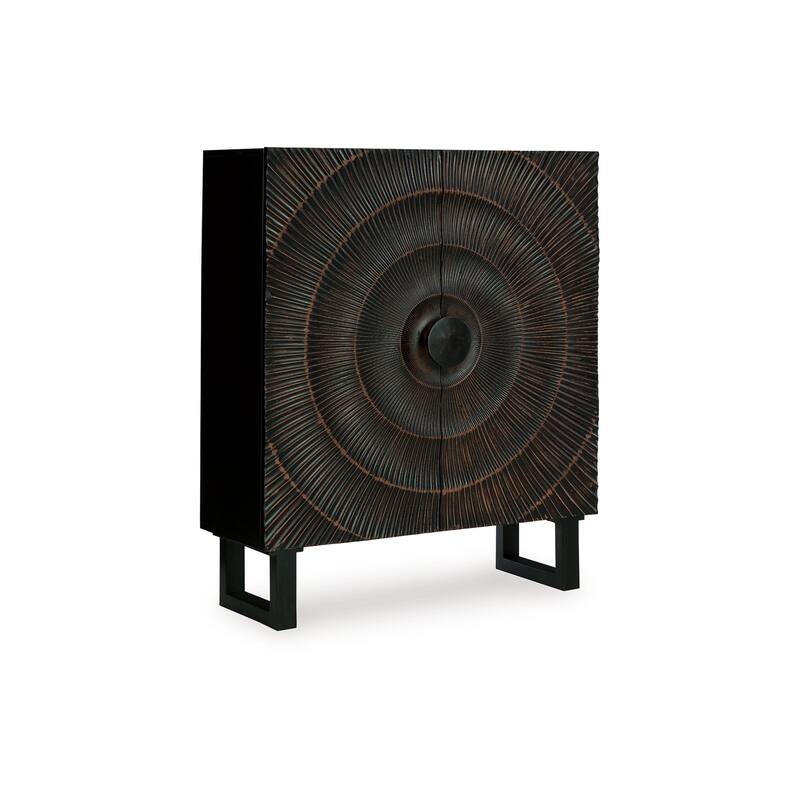Ayma Buffet Console with 2 Doors, Carved Sunburst, Black Wood 40 Inch