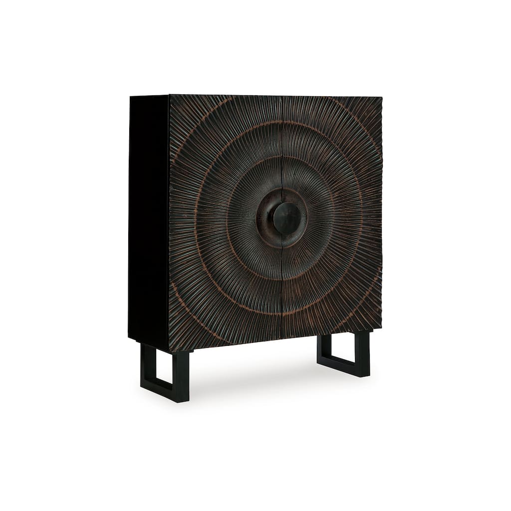 Ayma Buffet Console with 2 Doors, Carved Sunburst, Black Wood 40 Inch