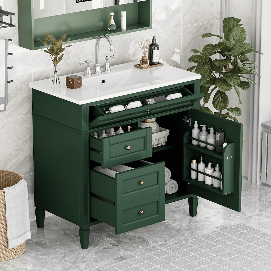 Modern Bathroom Vanity with Amber Storage, Ceramic Sink, 3 Drawers, Tip-Out Drawer, and Concealed Storage