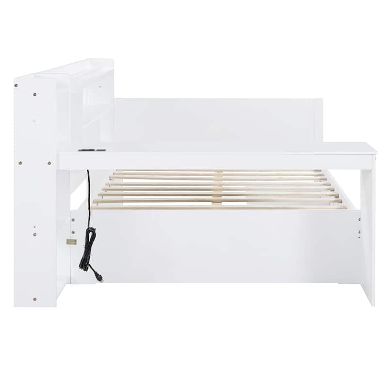 Full Size Wooden Daybed with Desk, USB Ports, 3 Storage Drawers & Side Storage