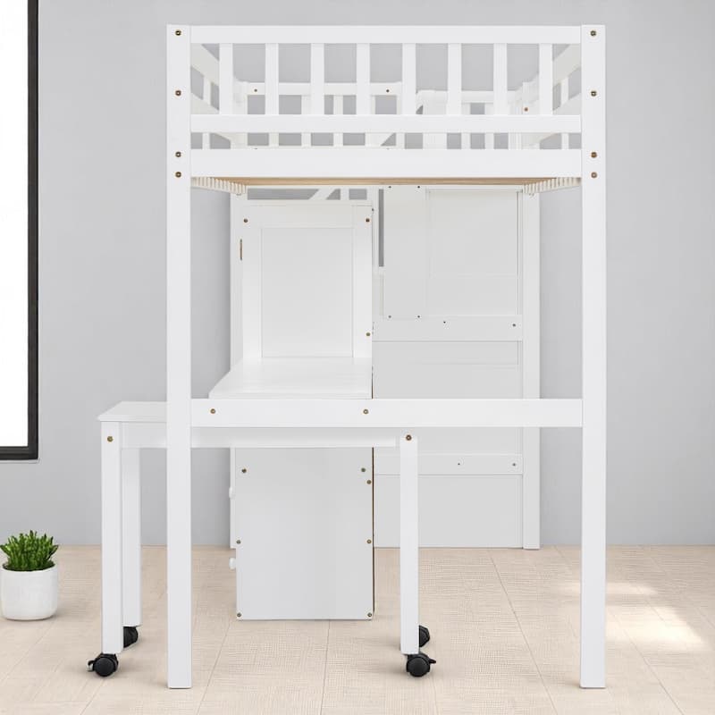 Twin/Full Size Loft Bed with Desk, Wardrobe, Drawers & Stairs, Wood Frame Study Bed with Storage for Kids/Teens