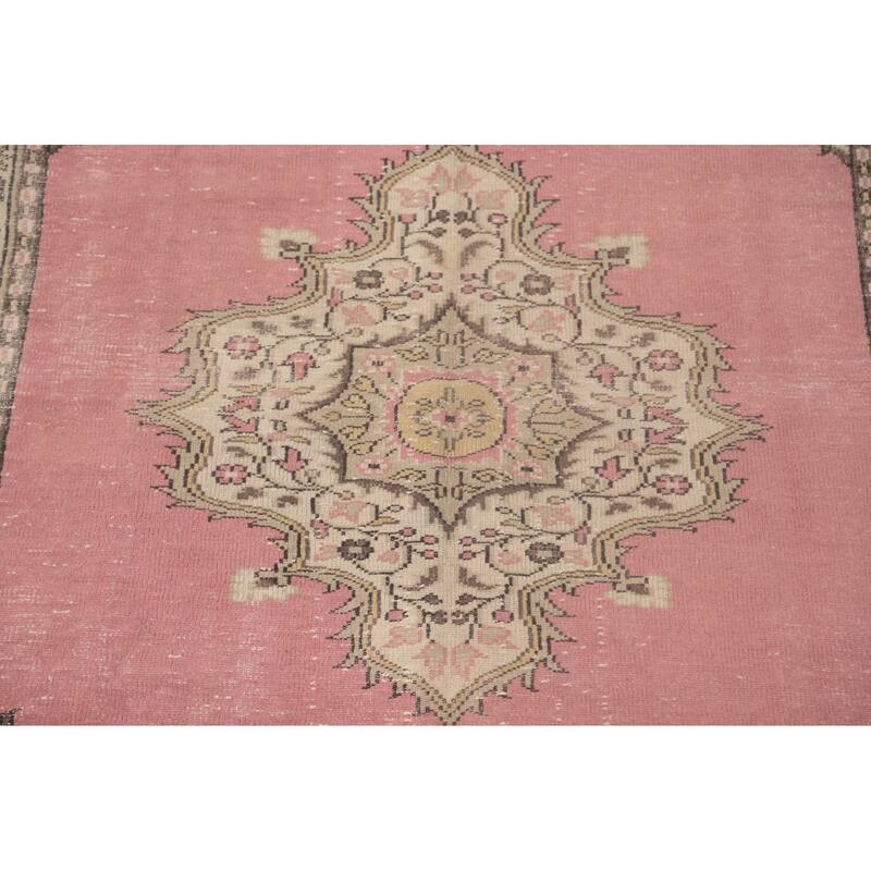 Pink Anatolian Turkish Vintage Area Rug Handmade Wool Carpet - 6'3" x 9'10"