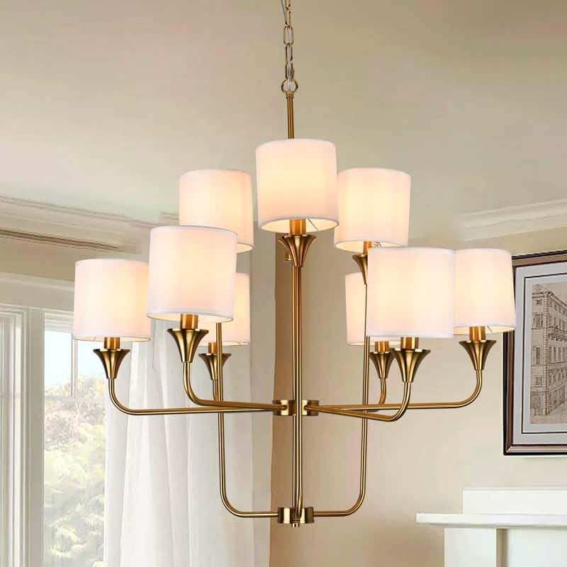 9-Light White Cylinder Shade Chandelier with Adjustable Chain