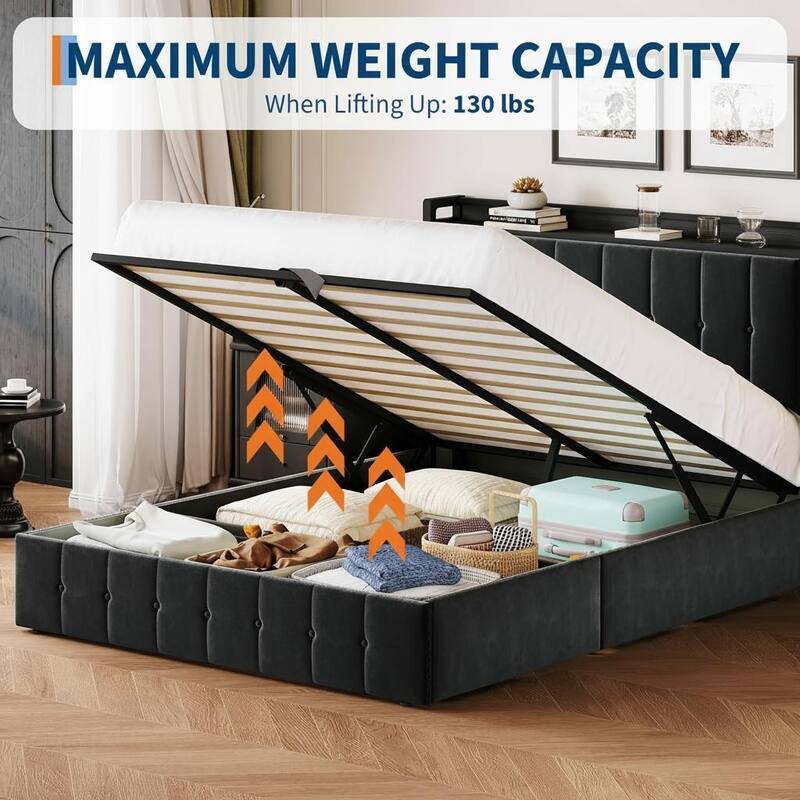 Bed Frame with Lift Up Storage and Storage Headboard