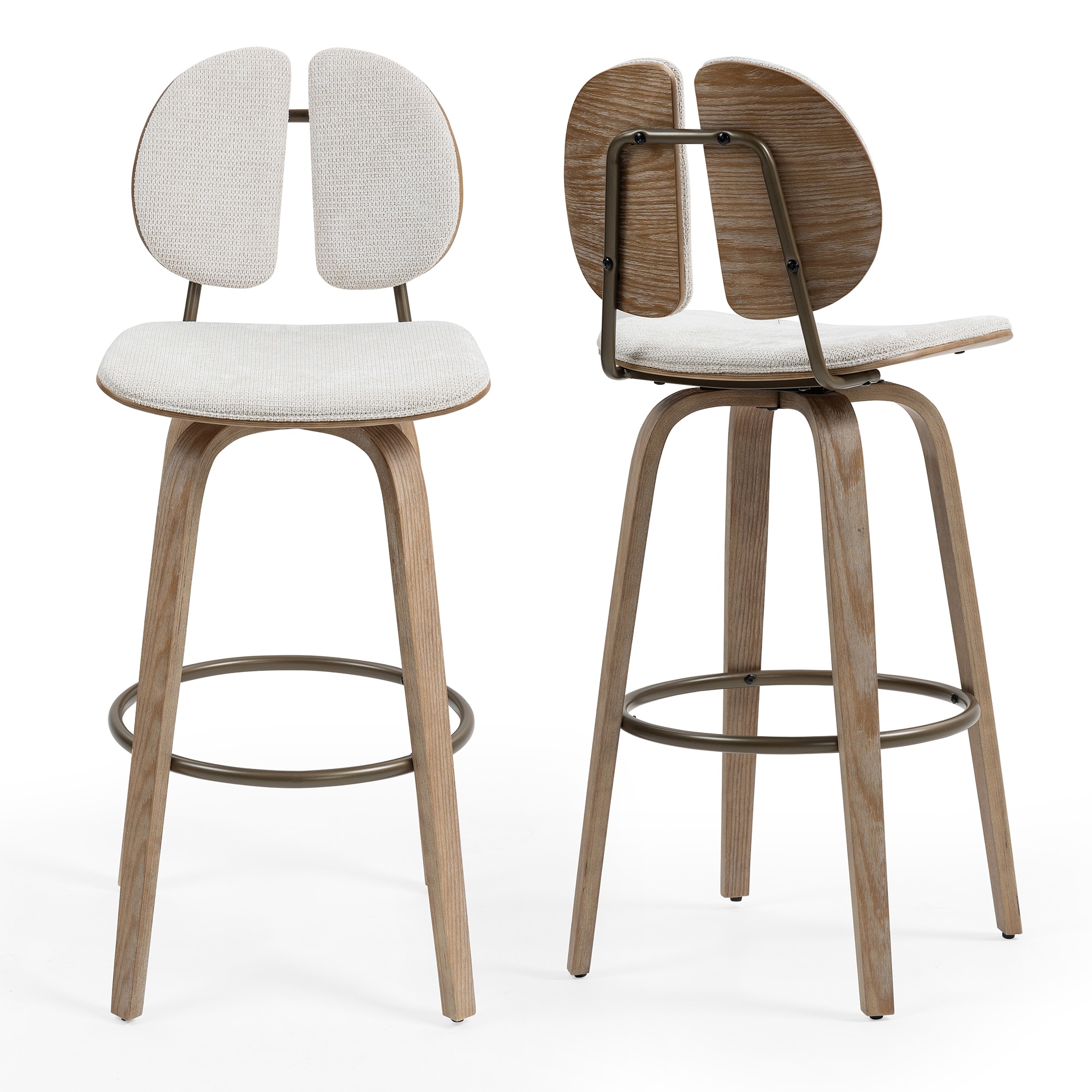 Set of 2 Betrys Beige Woven Fabric Swivel Bar Stool with Wood Legs
