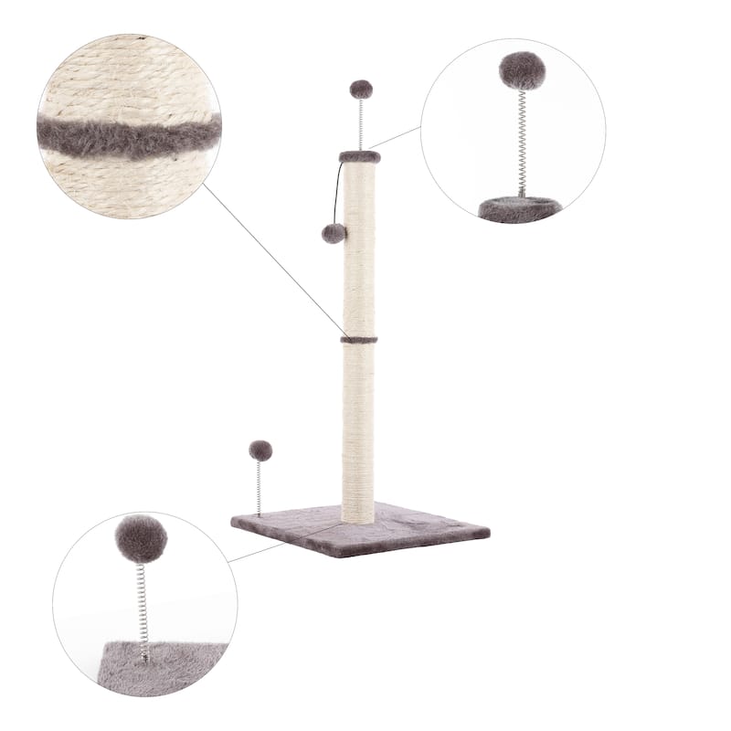 Rylie 38" Farmhouse Sisal Pillar Cat Scratching Post with Fuzzy Toys and Spring Balls, Gray/Cream