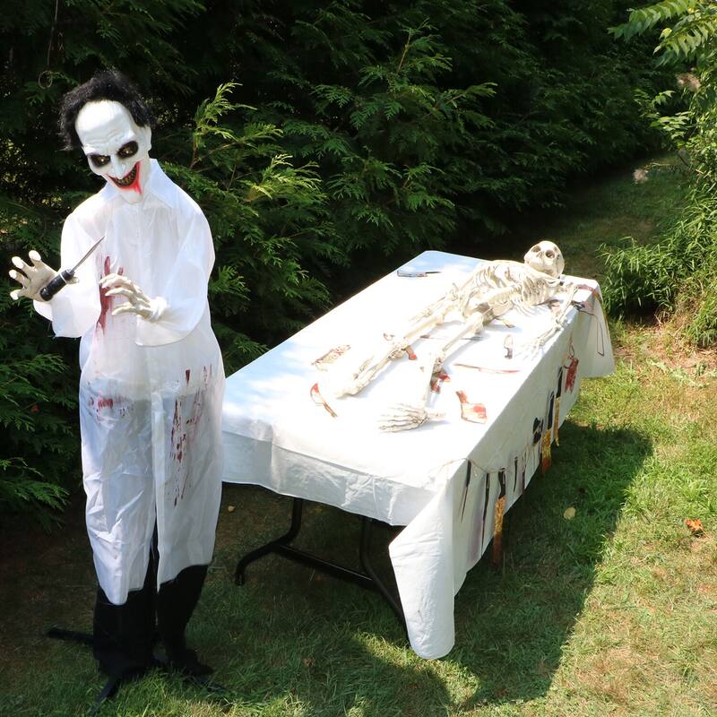 Haunted Hill Farm 5.75-Ft. Animatronic Doctor, Indoor/Covered Outdoor Halloween Decoration, Red LED Eyes, Laughing, Snips