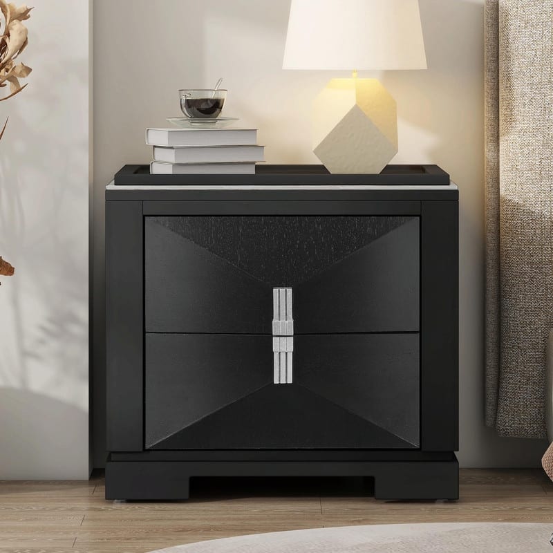 Mid-Century Modern Nightstand with 2 Drawers - Wide Wood End Table with Diamond Design and Heavy-Duty Base - Black