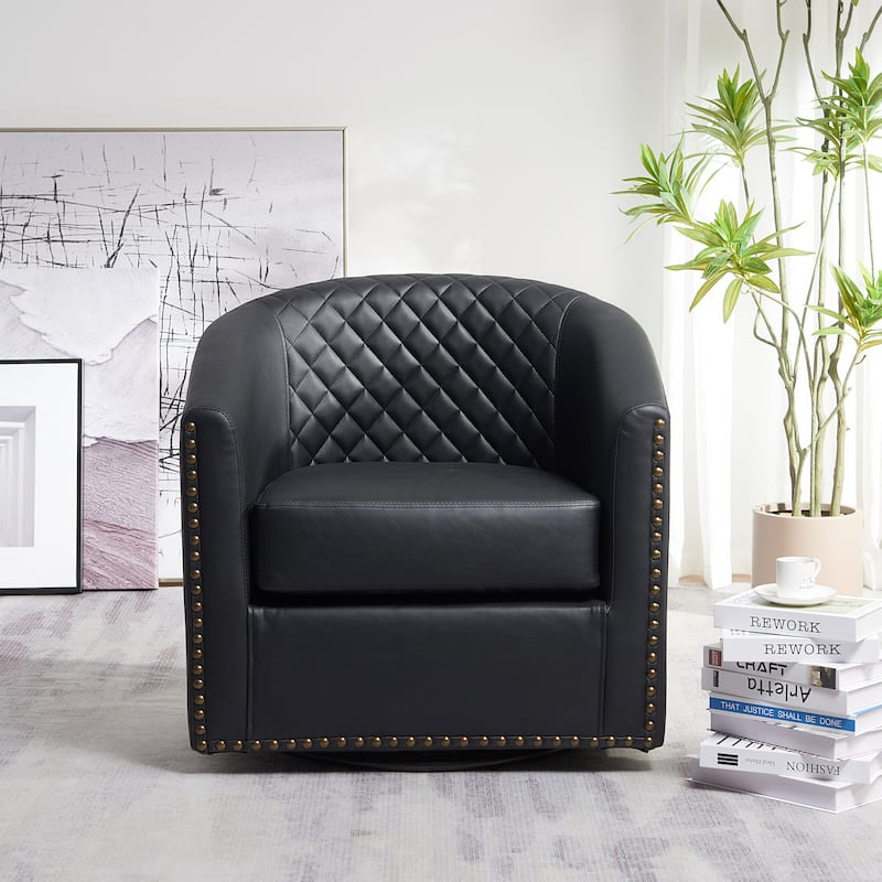 KINWELL 29" Wide Tufted PU Leather Swivel Barrel Chair