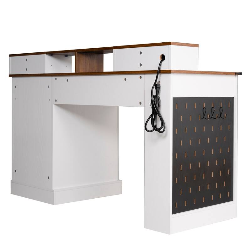 Roomfitters 55" Farmhouse Office Desk with Barn Door Cabinet, Pegboard & Charging Station