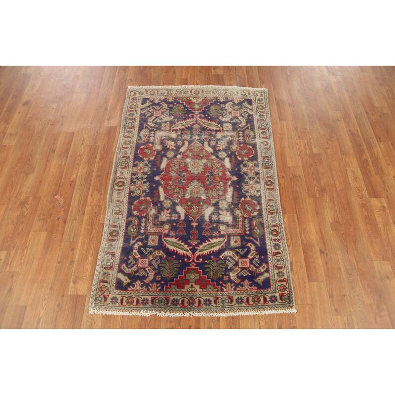 Hand Knotted Oriental 100% Wool Carpet Traditional Medallion Navy Blue & Blues Tabriz Area Rug - 4' 9'' X 3' 0''