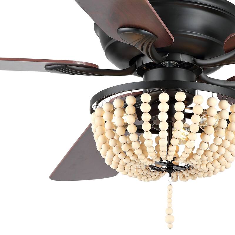 Quinn 52" 3-Light Rustic Farmhouse Iron/Wood Bead Mobile-App/Remote-Controlled LED Ceiling Fan, by JONATHAN Y