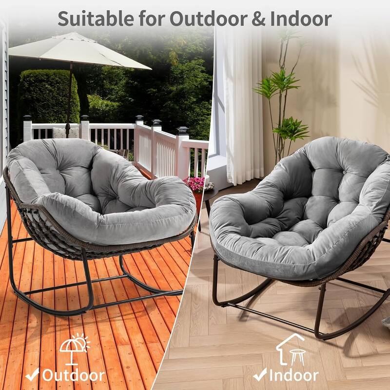 Outdoor Rattan Rocking Chair,Padded Cushion Rocker Recliner Chair Outdoor for Front Porch, Living Room, Patio, Garden