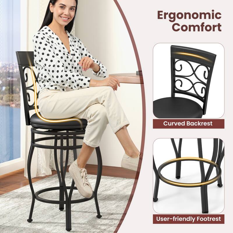 Set of 2 Swivel Bar Stools 26 Inch with Backrest and Footrest PU Leather - 19" x 16.5" x 45"