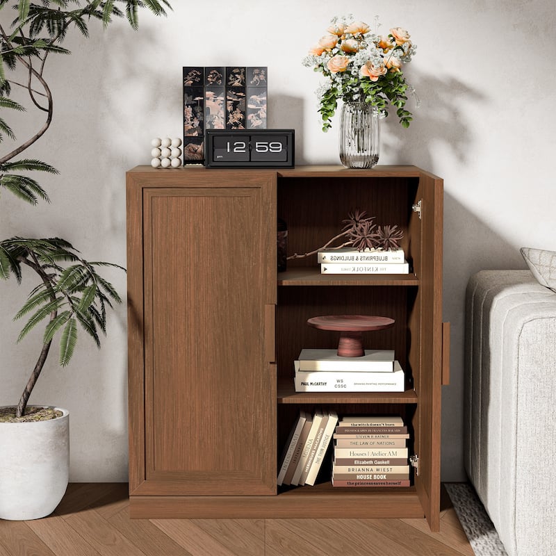 Modular Sideboard Cabinet with Storage Farmhouse Buffet Cabinet with Rattan Panels for Living Room Kitchen Dining Room Entryway - Walnut - 36 " x 31 " x 16 "