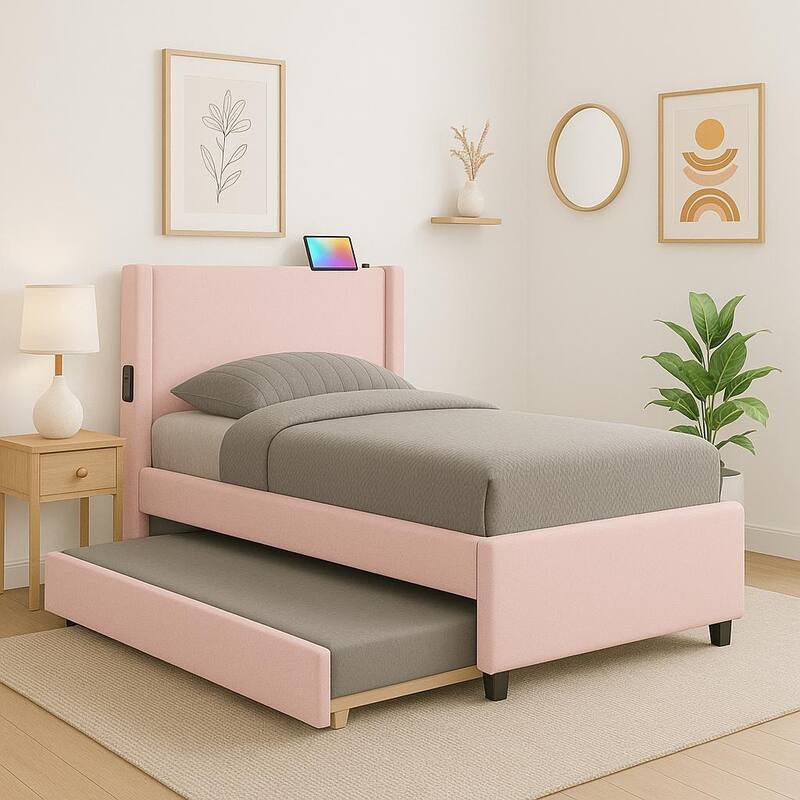 Twin Size Upholstered Platform Bed Wood Bed Frame with Twin Size Trundle, Wingback Headboard, Charging Ports, Pockets, Pink