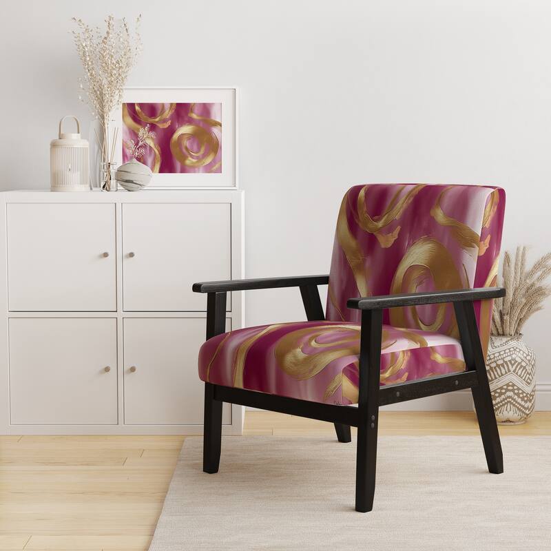 Designart "Mettalic Indigo And Gold II" Upholstered Abstract Accent Chair - Glam Arm Chair For Living Room - Arm Chair - Black Wood - Gold & Pink
