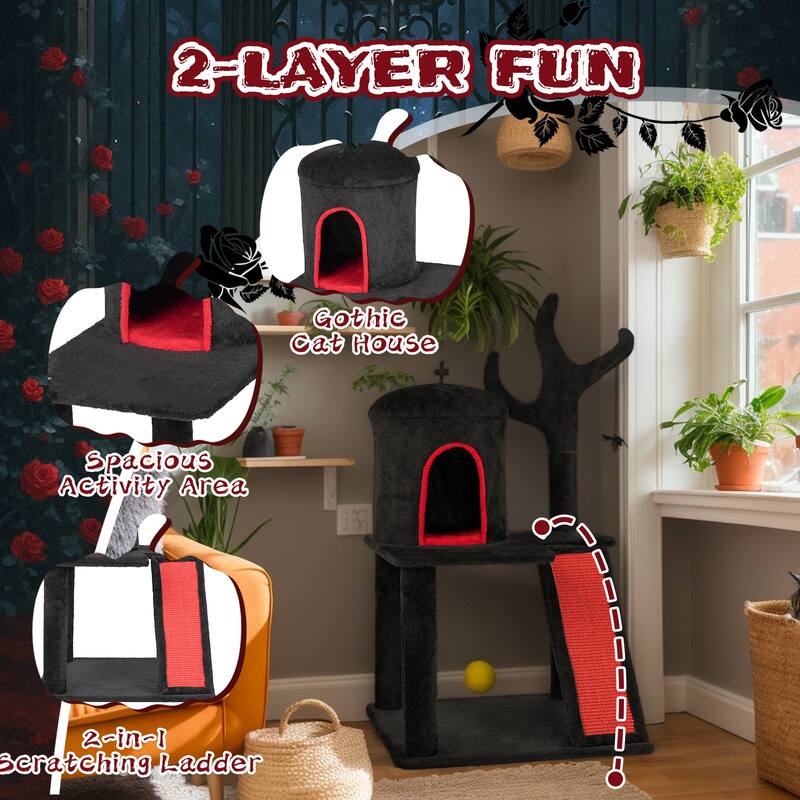 42" Gothic Cat Tree with Red Black Condo and Sisal Scratching Posts Ladder and Spider Toy
