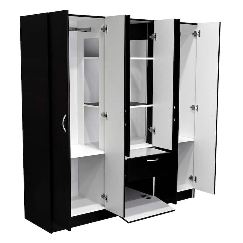 Six Doors Armoire,Two Double Door cabinets with interior hanging rod, Bedroom, Black / White