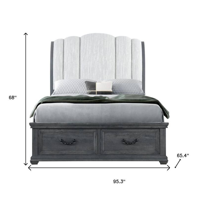 HomeRoots Gray Distressed Wood And Upholstery Queen Bed Frame With Drawers