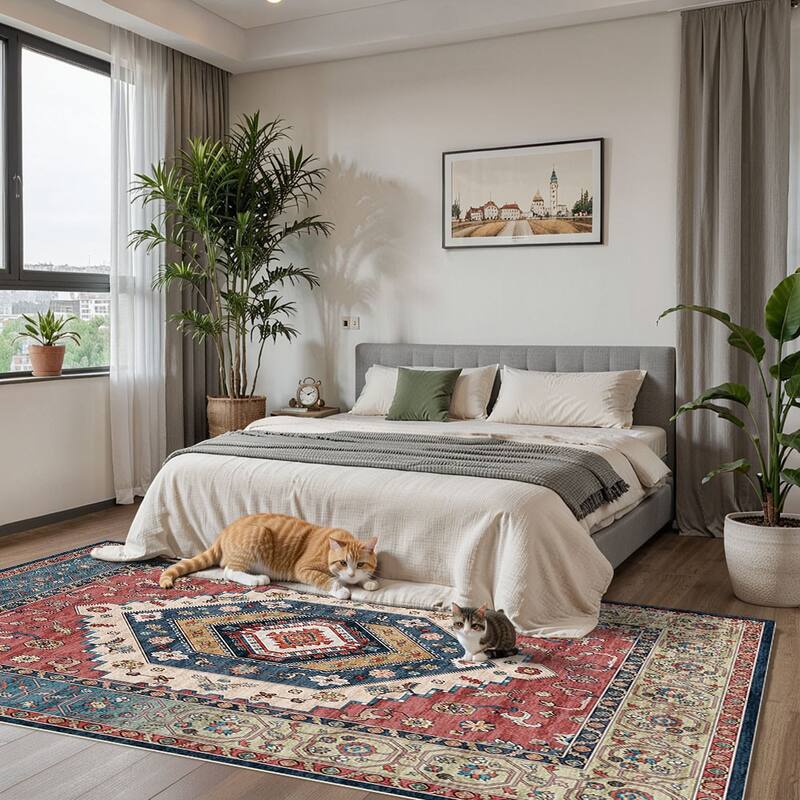 Machine Washable Vintage Area Rug, Low Pile Rug Non-slip
