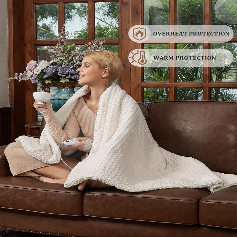 Waffle Weave Heated Blanket Throw Beige