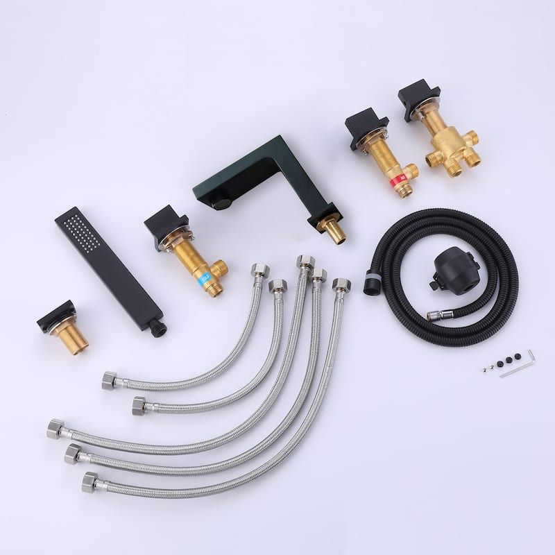 5 Hole Deck Mounted five-piece Bathtub Faucet with Pull-out Handheld Shower Head and Ceramic Valve in Matte Black