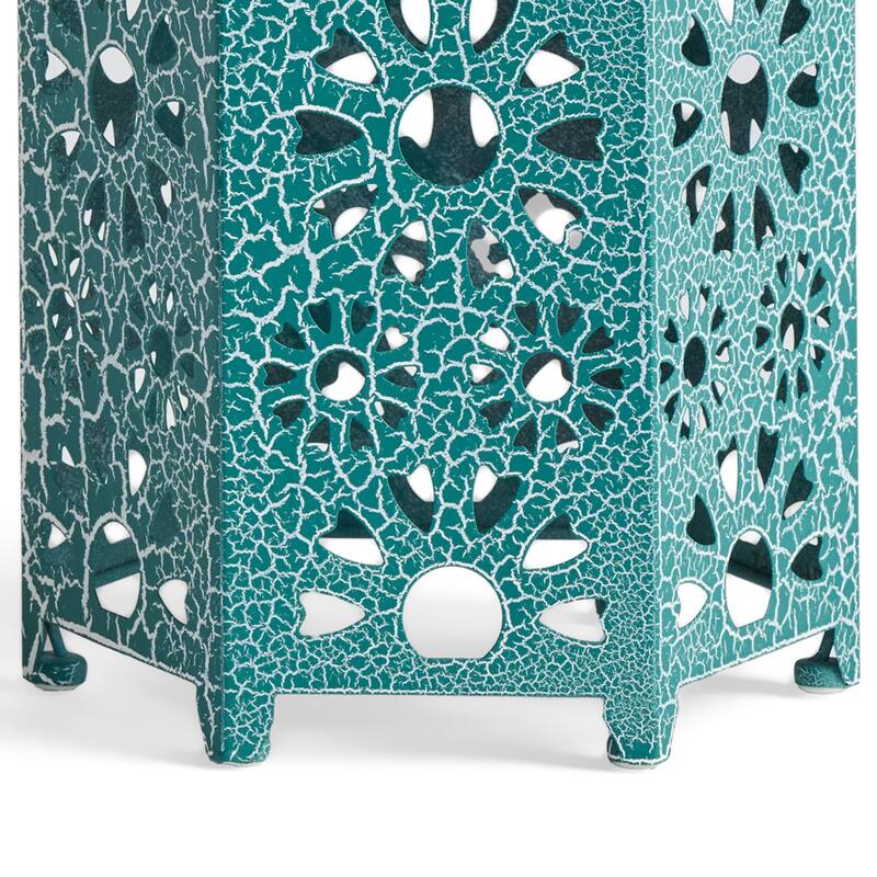 Liana Outdoor Side End Table, Flower Cutout, 12 Inch Top, Teal Blue