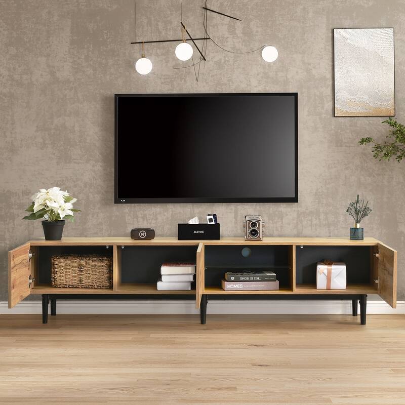 LED Light TV Stand for 80" TVs, Modern Entertainment Center with 4 Cabinets & Open Shelves, Drop Down Door