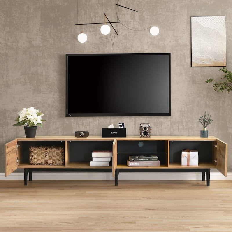 Modern TV Stand for TVs up to 80'' with 4 Cabinets, Open Shelves, Drop-Down Door, Adjustable LED Lights, Cable Management