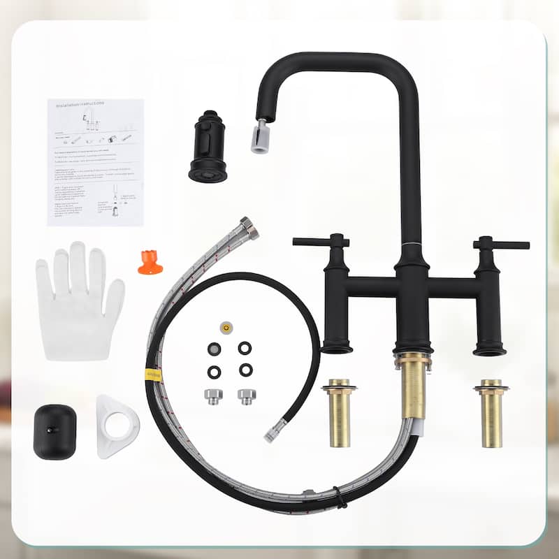 WOWOW Double Handle Bridge Kitchen Faucet with Advanced Spray