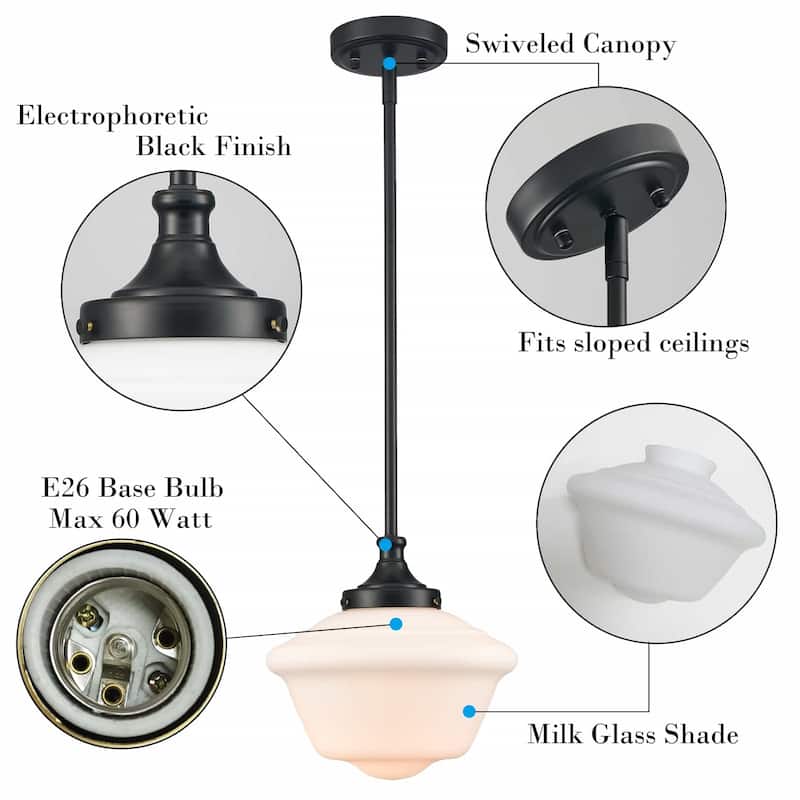 Antalya Schoolhouse Pendant Light Fixture with Milk Glass Shade 1-Light