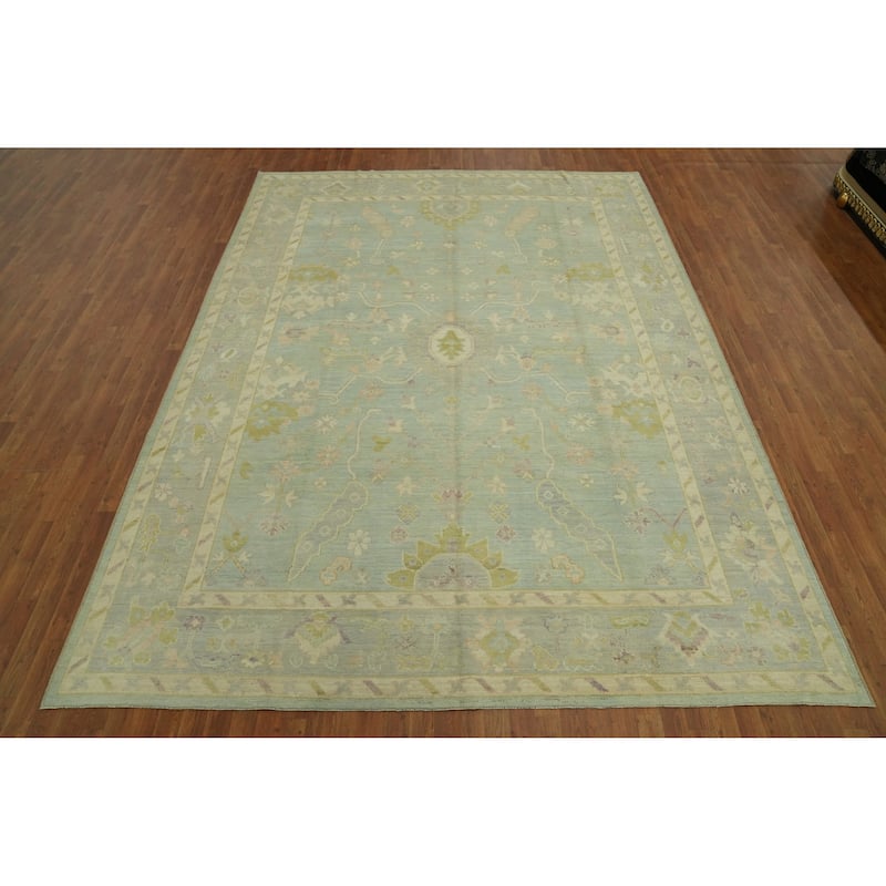 Vegetable Dye Wool Oushak Turkish Area Rug, Floral Geometric Carpet - 12' 0'' X 9' 2''