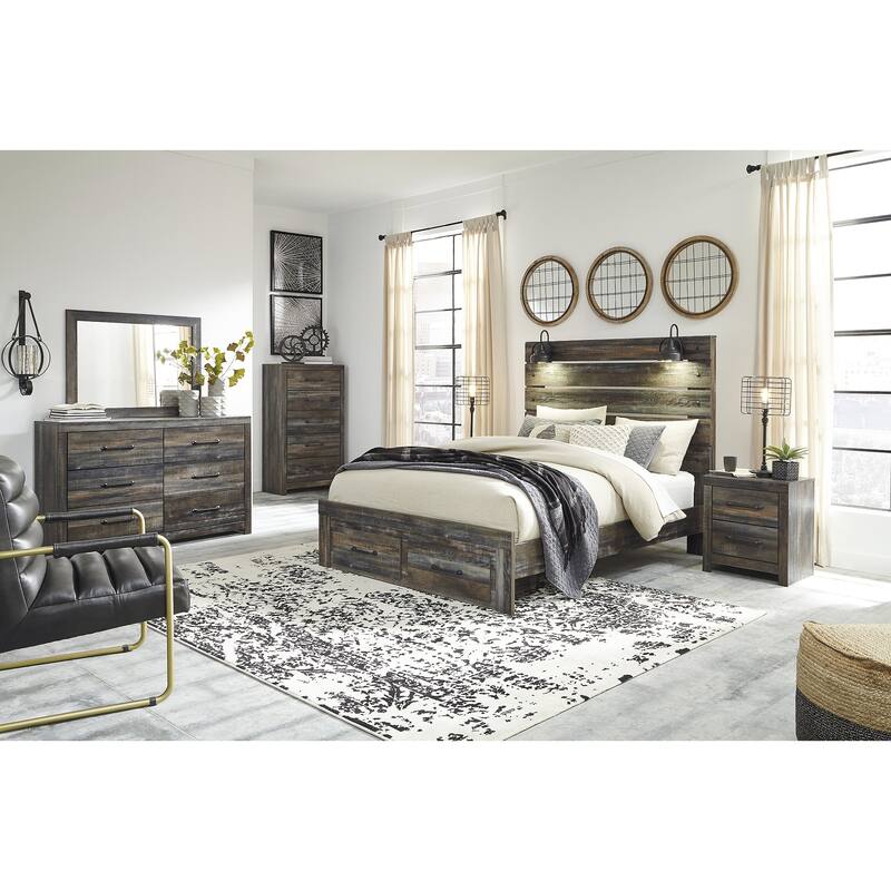 Drystan Rustic Brown Panel Bed with Footboard Storage Drawers