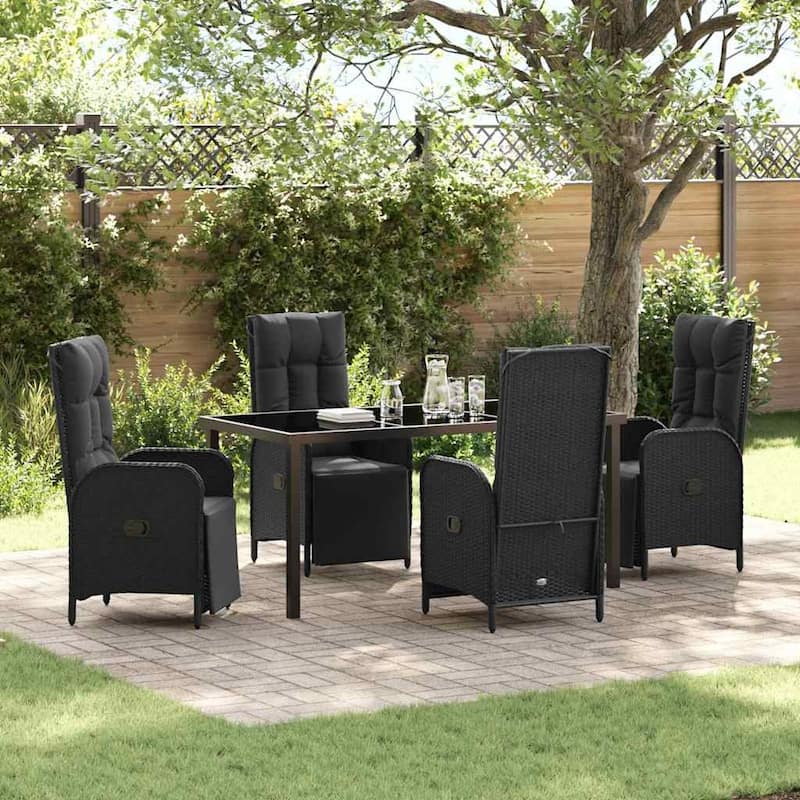 vidaXL Garden Dining Set with Cushion Black Poly Rattan - Black-22.44x24.61x42.91 in