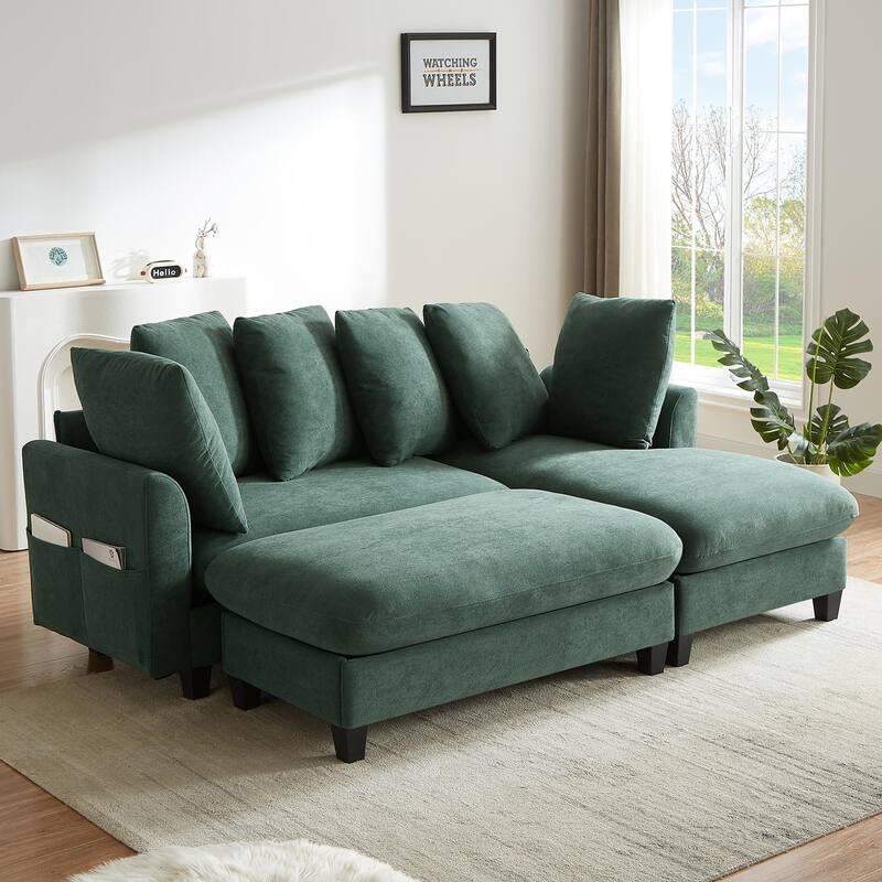 Chenille Sectional Sofa L-shaped Sofa with Movable Ottoman, Upholstered Sectional Sofa with 6 Throw Pillows, Bottom storage