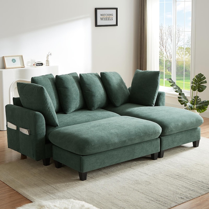 Roomfitters L-Shaped Sectional Sofa with Storage, Movable Ottoman and 6 Throw Pillows for Living Room