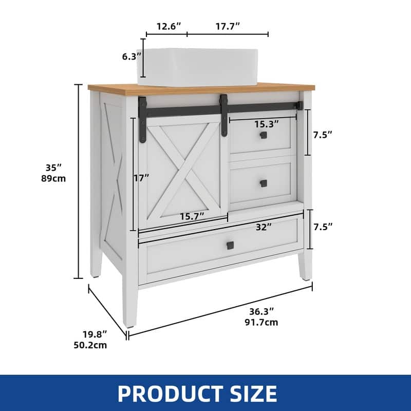 Moasis Farmhouse Bathroom Vanity Cabinet with Ceramic Sink Basin and Sliding-Door Cabinet & 3 Drawers
