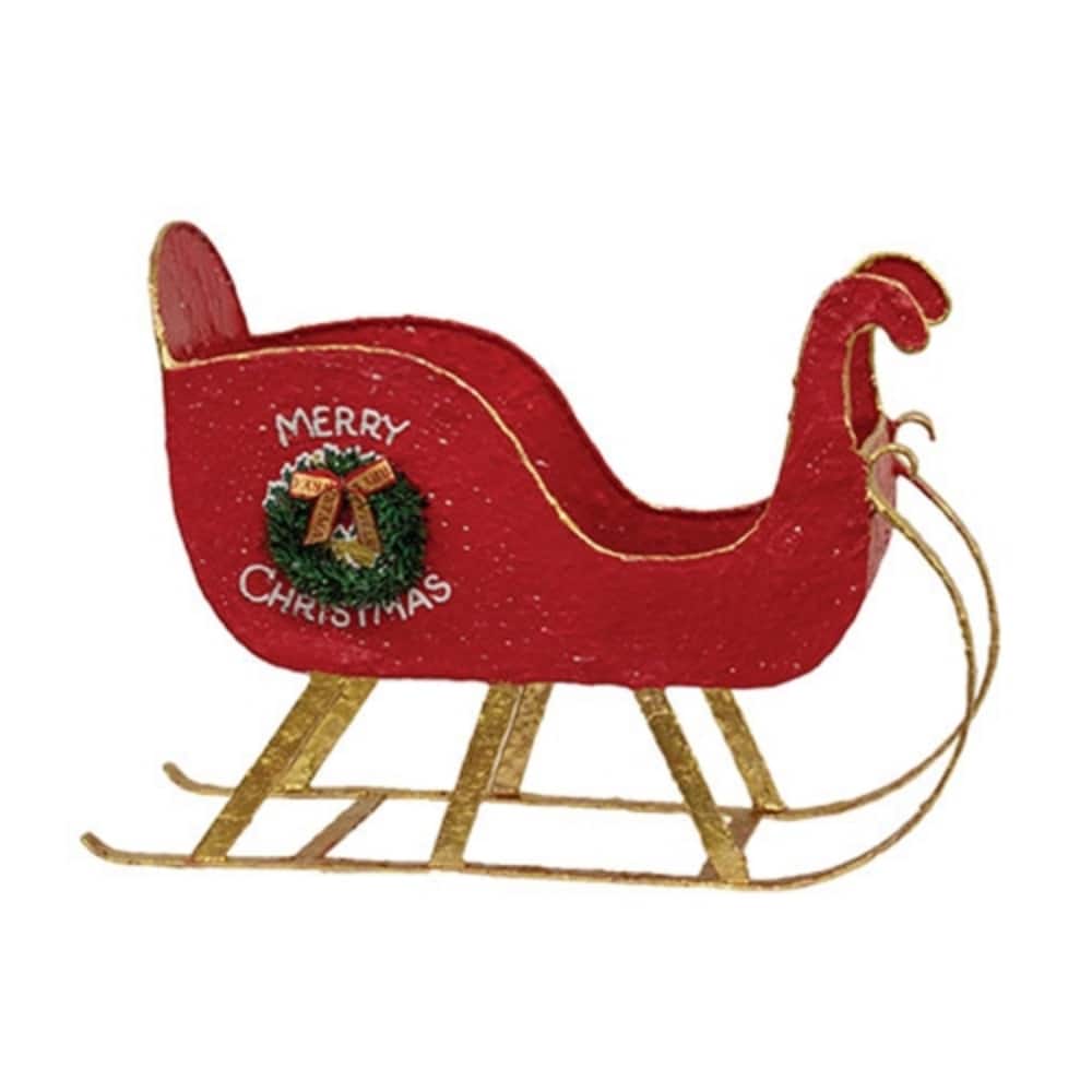 Distressed Red Metal Merry Christmas Sleigh with Wreath Rustic Holiday Decor - 10” high by 14” wide by 5” deep