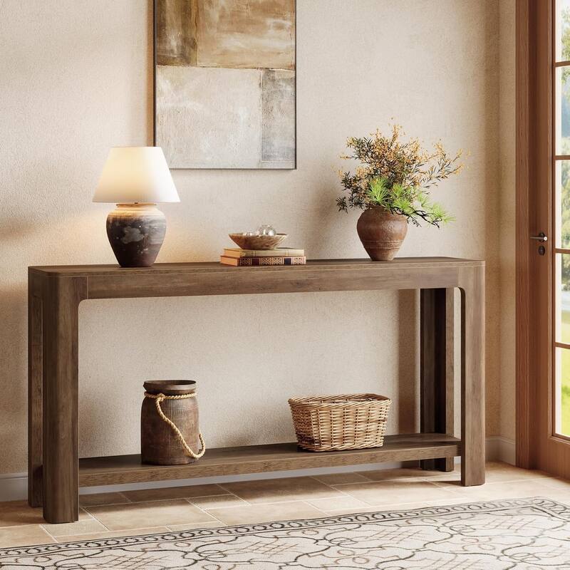 63-Inch Farmhouse Narrow Console/ Entryway Table with Storage, Sofa Table Behind Couch for Living Room, Hallway, Foyer - Brown