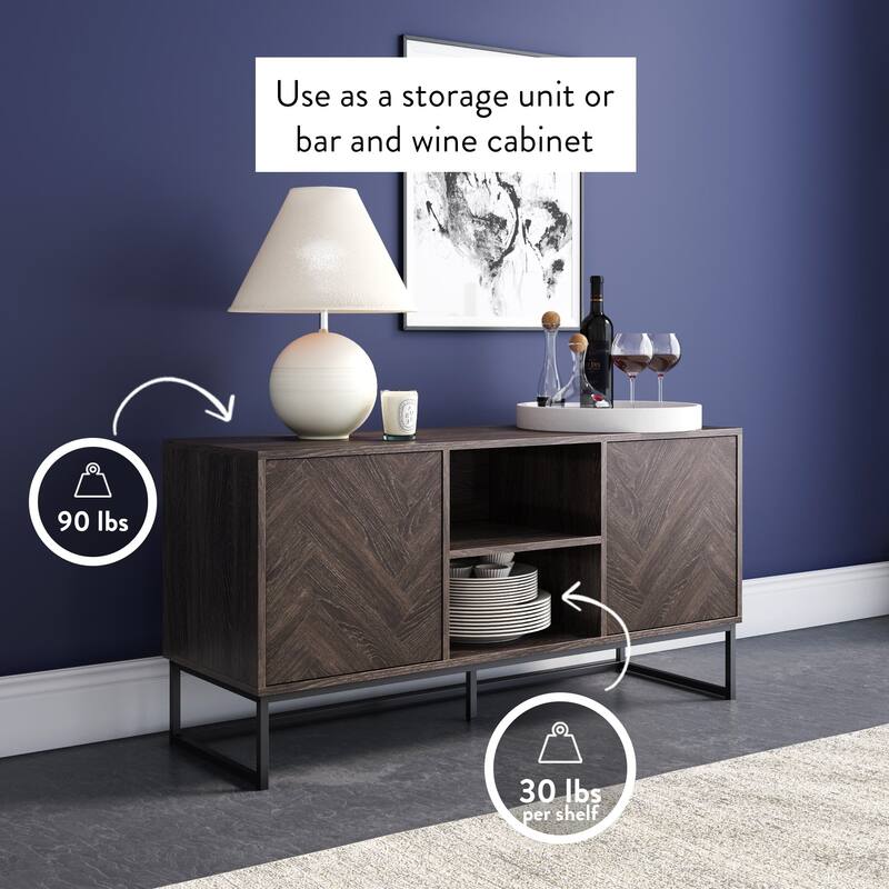 Nathan James Dylan Media Console Cabinet TV Stand with Hidden Storage Herringbone Pattern Wood Metal - 47 inches in width